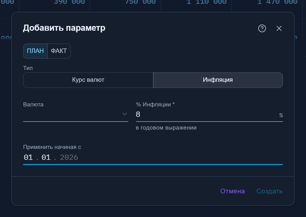 Диалог добавления инфляции: валюта RUB, 8% в годовом выражении, применить начиная с 01.01.2026