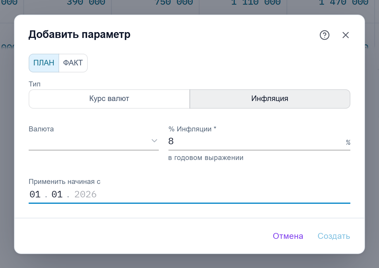 Диалог добавления инфляции: валюта RUB, 8% в годовом выражении, применить начиная с 01.01.2026