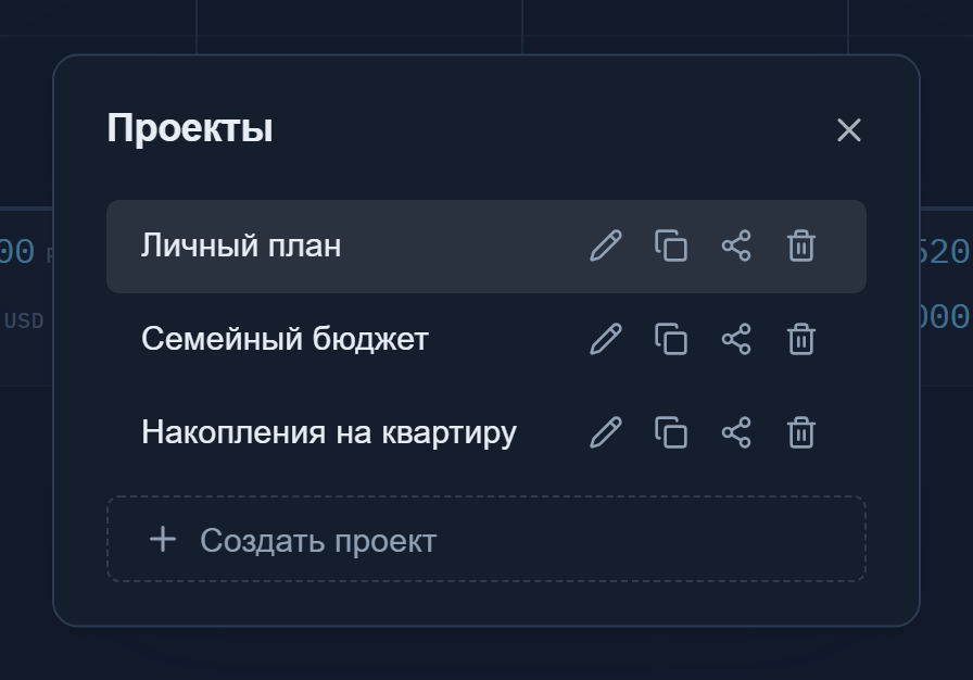 Диалог «Проекты»: список из трёх проектов с кнопками переименовать, дублировать, поделиться и удалить